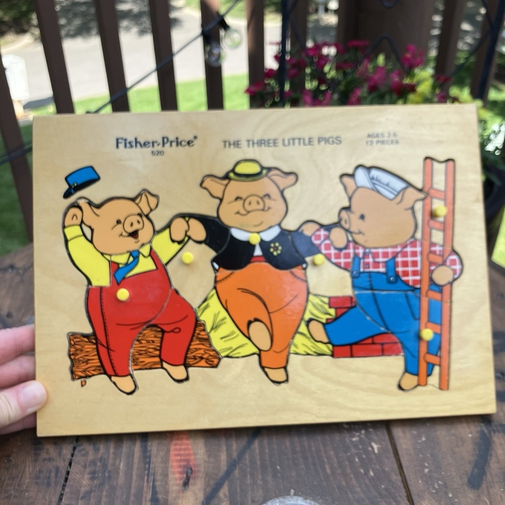Vintage Fisher Price 520 The Three Little Pigs Wooden Tray Puzzle Complete 1972